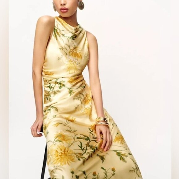 NEW Reformation Anaiis Long Backless Silk Dress Honeyglow Yellow Floral | US 0 - Picture 3 of 13
